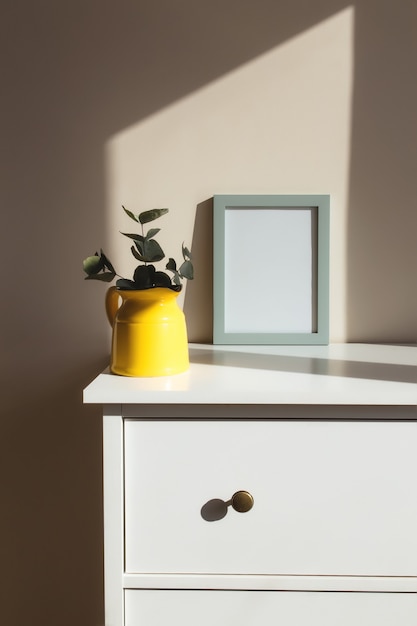 Una jarra o jarrón de cerámica amarilla con ramas de eucalipto, marcos de fotos blancos vacíos en la mesa blanca en el interior con paredes beige cerca de la ventana.