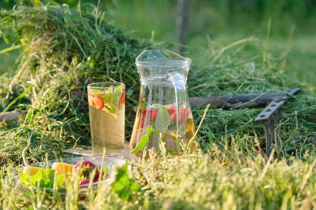 Jarra y vaso de té de hierbas con fresas menta limón sobre la hierba