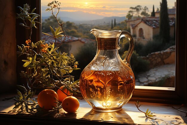 Una jarra en una ventana al atardecer en esplendor estilizado