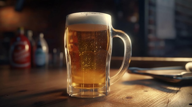 Jarra de vidrio de cerveza fresca fría y ligera generada por IA