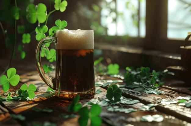 en una jarra de vidrio una cerveza de trébol está sentada al lado de un par de hojas de trébol