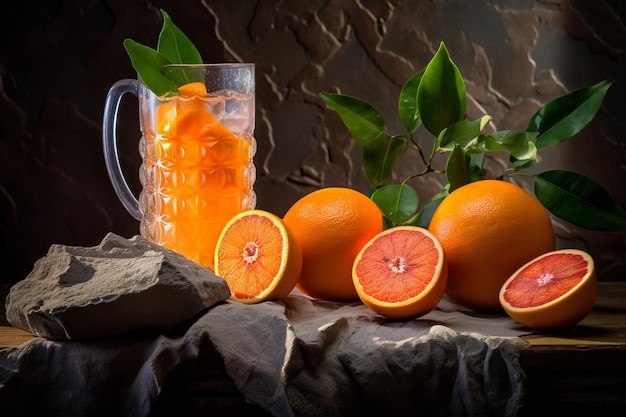 Una jarra de vidrio de jugo con frutas de naranja frescas en la mesa de piedra