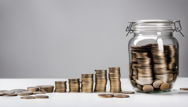 Foto una jarra de vidrio con una pila de monedas y una jarra de monedas con una pilas de monedas en ella