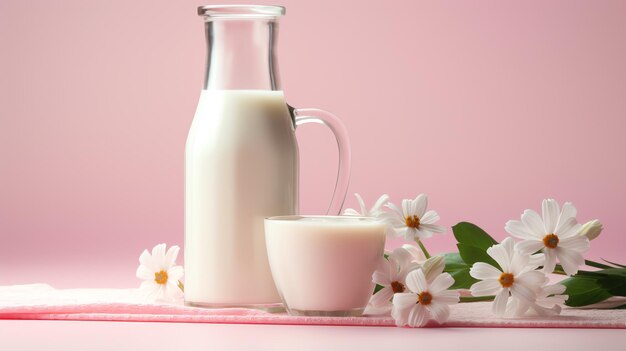 una jarra de vidrio y una taza de leche