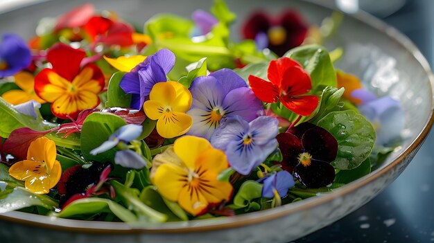 Jarrete de salada de cozinha gourmet vegana adornado com flores frescas de viola