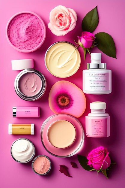 Jarro aberto de creme cosmético, sabão, rosa e toalha em fundo rosa