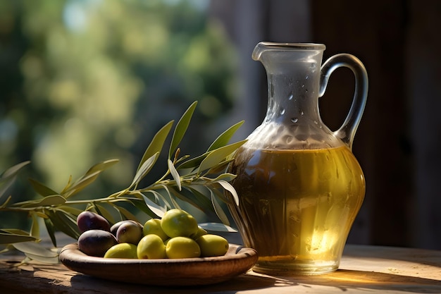 Foto jarro de aceite de oliva virgen extra junto a las aceitunas