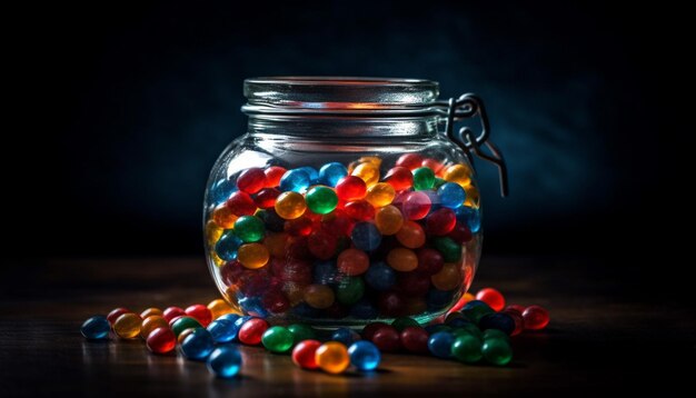 Jarro de caramelos multicolor en mesa de madera con decoraciones dulces generadas por inteligencia artificial