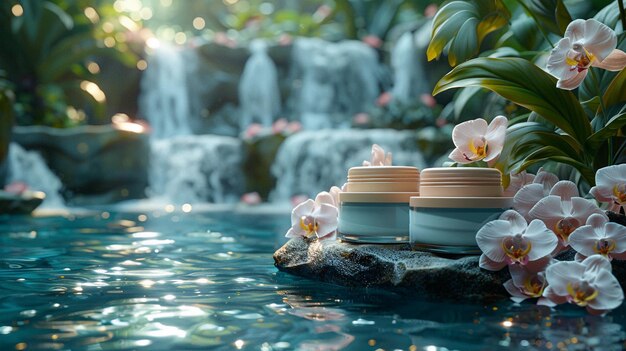 Foto jarro cosmético crema hidratante para la piel y la cara superficie de agua fondo orquídeas tratamiento de belleza ecológico