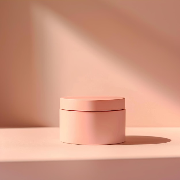 Jarro cosmético rosado minimalista en una superficie blanca con iluminación suave ideal para anuncios de productos de belleza