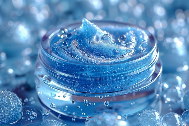 Jarro cosmético de vidrio para el cuidado de la piel en fondo de colores pastel con gotas de agua