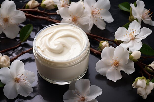 Jarro con crema para la cara y flores blancas