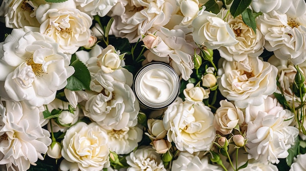 Jarro de crema hidratante para la cara sobre fondo floral Concepto de productos de higiene personal y cuidado de la piel de marca cosmética