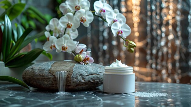 Foto jarro de cosméticos, creme hidratante para a pele e rosto, superfície de água, fundo, orquídeas, tratamento de beleza ecológico