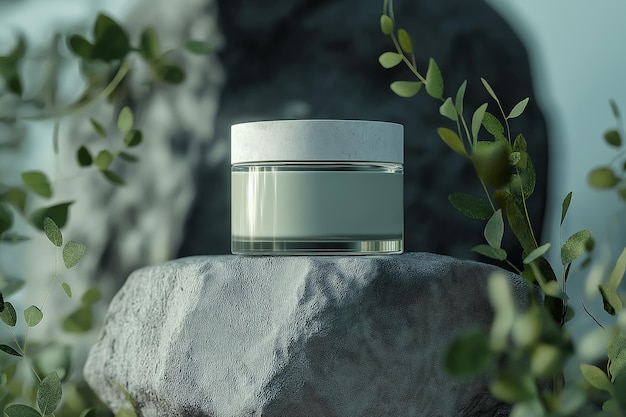 Jarro de creme cosmético em pedra em ambiente natural