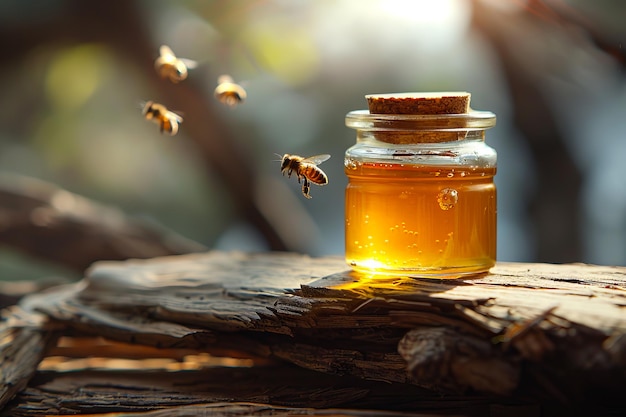Jarro de mel com abelhas voando em torno dele