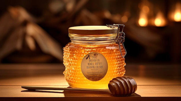 Foto jarro de mel com dipper e favo de mel no interior em superfície de madeira com luz de fundo suave