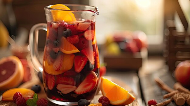 Jarro de sangria frutado cheio de frutas frescas em fatias vinho vermelho A bebida de assinatura do estabelecimento bebida acessível coquetel caseiro vitaminas alimento saudável produto natural gerado por IA