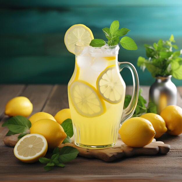 Jarro de vidro com limonada fresca e fatia de limonada na parede de vidro Metades de limão e folhas verdes estão perto Bebida de vitaminas de verão refrescante na mesa de madeira