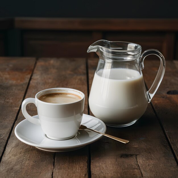 Foto jarro de leche y taza de café dispuestos en una mesa de madera para las redes sociales