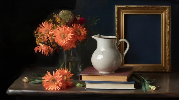 Foto jarro en libros cerca de flores y marco