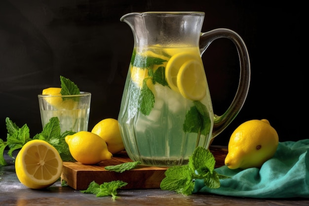 Jarro de limonada con menta helada y rebanadas de limón creadas con AI generativa