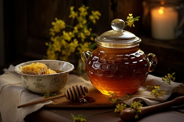 Jarro de miel con un juego de té para un ambiente acogedor