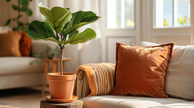 Jarro de planta de hoja de higo en una acogedora sala de estar con sofá y almohadas de terracota Diseño de interiores