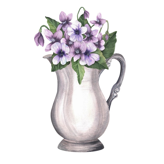 Jarro de plata vintage lleno de violetas jarrón antiguo con flores ramo floral en un jarrón dibujado a mano