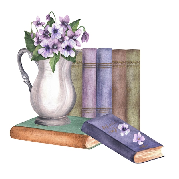 Jarro de plata vintage lleno de violetas de pie en un libro Ilustración de acuarela dibujada a mano