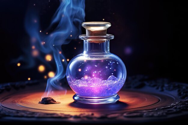 Jarro de poción de mana de curación mágica en un frasco de vidrio sobre un fondo oscuro