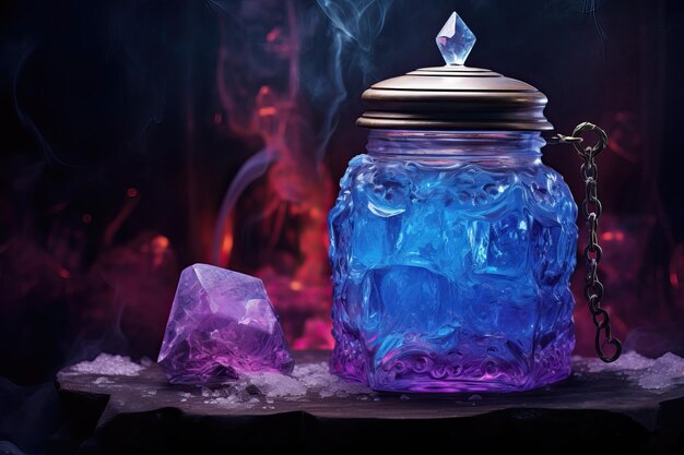 Jarro de poción de mana de curación mágica en un frasco de vidrio sobre un fondo oscuro