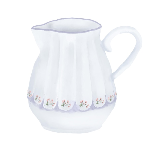 Jarro de porcelana con mango elegante y pintura floral acuarela ilustración digital linda jarra de cerámica para leche o agua aislada sobre fondo blanco Para textil o impresión para cafetería o lugar de catering