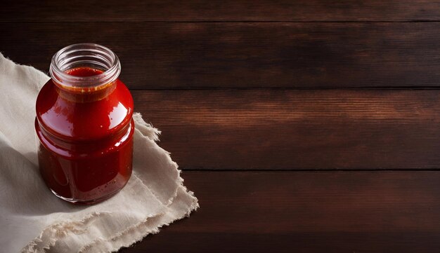 Foto jarro de salsa roja en mesa de madera con espacio para copiar texto