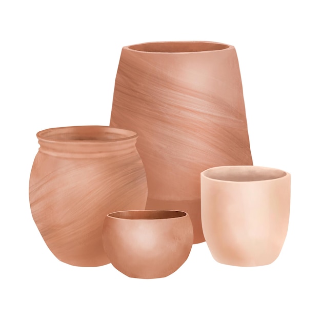 Jarro de terracota de arcilla y jarro sin mango Ilustración digital de acuarela Jarro de flores de cerámica Cerámica para flores y plantas de agua y de casa aisladas sobre fondo blanco Jarro marrón de jardín