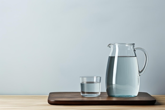 Jarro transparente con un vaso de agua potable en una mesa de madera Sala de servicio en el hotel Mínimo