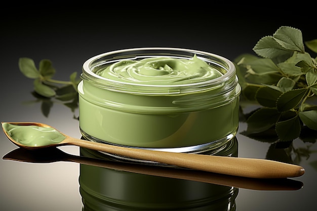 Jarro de vidrio con crema o ungüento orgánico casero con ingredientes naturales Producto cosmético hecho de aceite de oliva, aguacate, hierbas y especias Remedio casero para el cuerpo y la salud Productos de belleza orgánicos