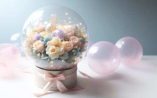 Jarro de vidrio para flores Ramo de flores con globos claros y luces en fondo pastel Año Nuevo