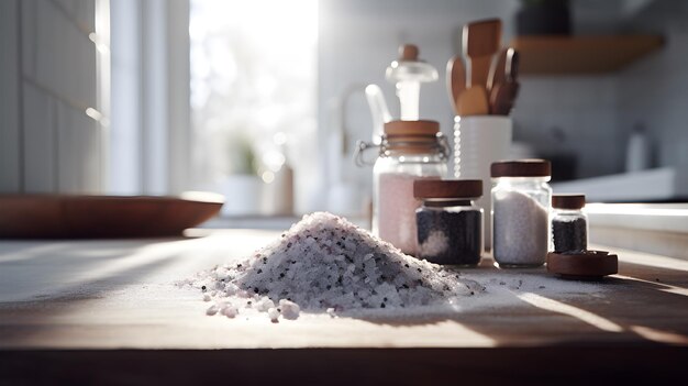 Jarro de vidrio con sal en la mesa en la cocina luz suave IA generativa