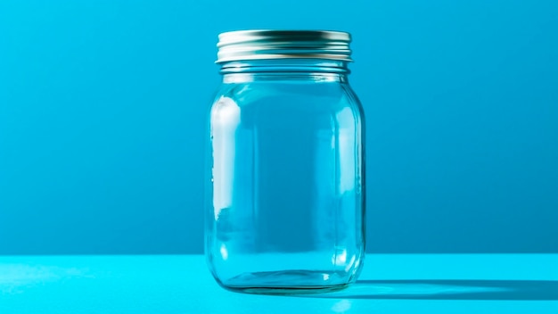 Foto jarro de vidrio vacío sobre fondo azul estilo minimalista espacio para copiar