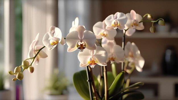 Un jarrón con algunas flores blancas en él en una mesa al lado de una ventana con un umbral de ventana un occlu ambiente