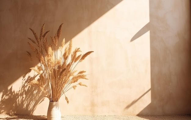 Un jarrón con algunas plantas y el sol brillando en la pared.