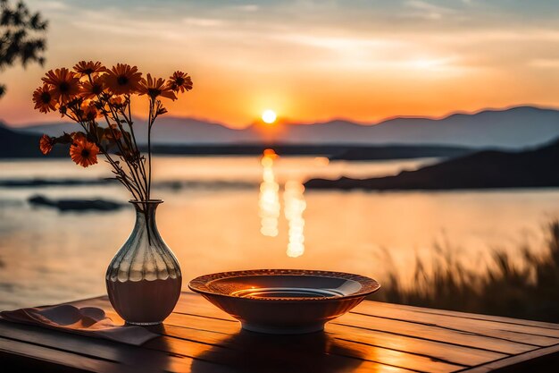 Foto un jarrón y algunos platos en una mesa con un atardecer en el fondo