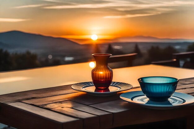 Foto un jarrón y algunos platos en una mesa con una puesta de sol en el fondo