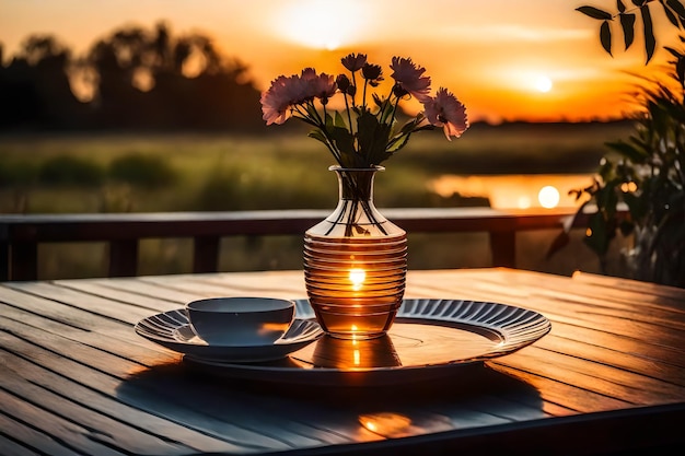 Foto un jarrón y algunos platos en una mesa con una puesta de sol en el fondo