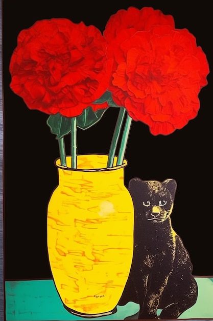 Un jarrón amarillo con flores rojas y un gato negro detrás.