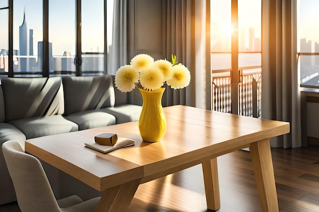 Un jarrón amarillo con flores sobre una mesa en una sala de estar