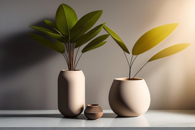 Jarrón de arcilla de diseño moderno blanco marrón gris con árbol de bambú sobre una mesa de piedra con hojas de luz solar