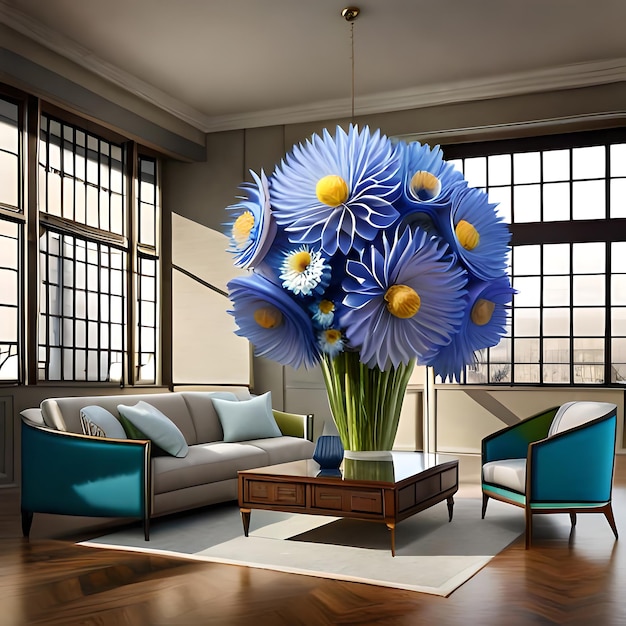 un jarrón azul y blanco con flores en un salón.