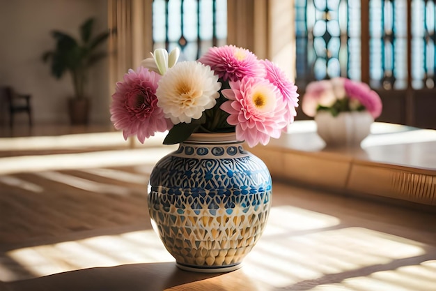 Foto un jarrón azul y blanco con flores en él